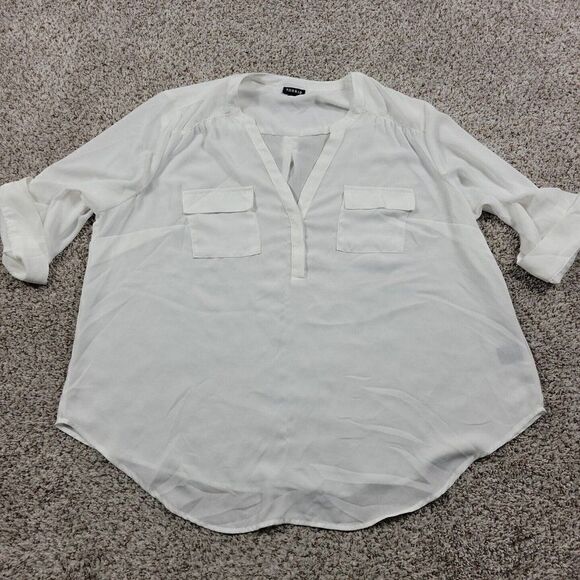 Torrid Shirt Womens 1 White Blouse Roll Tab 3/4 Sleeve Pockets Button Up V Neck - Picture 1 of 8